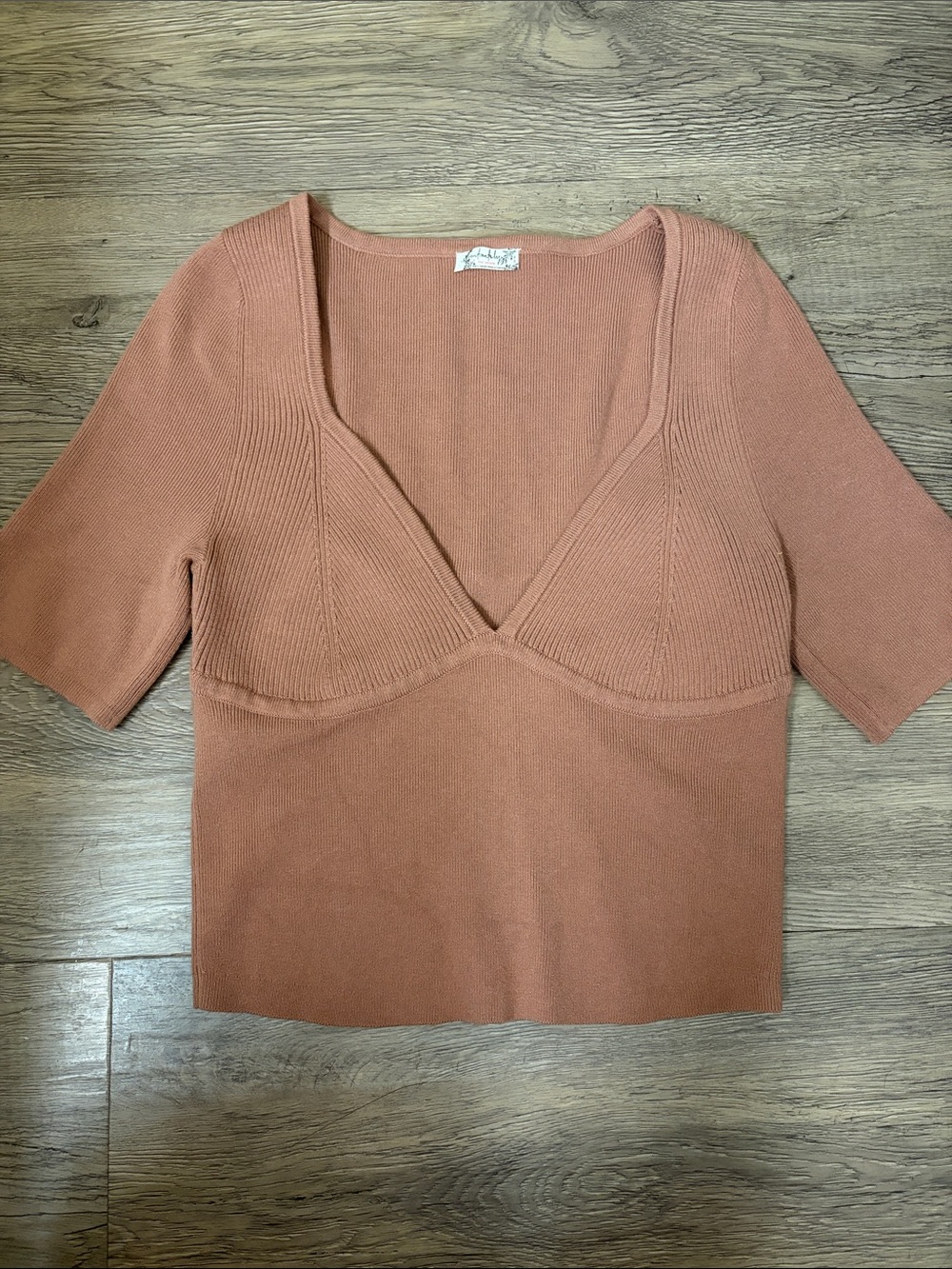 Free People Light Brown Ribbed V-Neck Short Sleeve Top